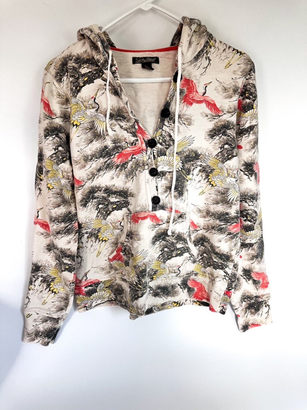 Vintage Y2K Lucky Brand Japanese Crane and Bonsai Tree Button Hoodie Sweatshirt